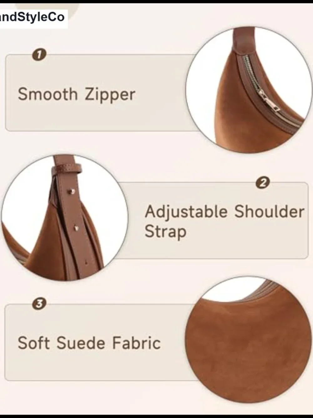 Faux Suede Crescent Hobo Handbag with Adjustable Strap